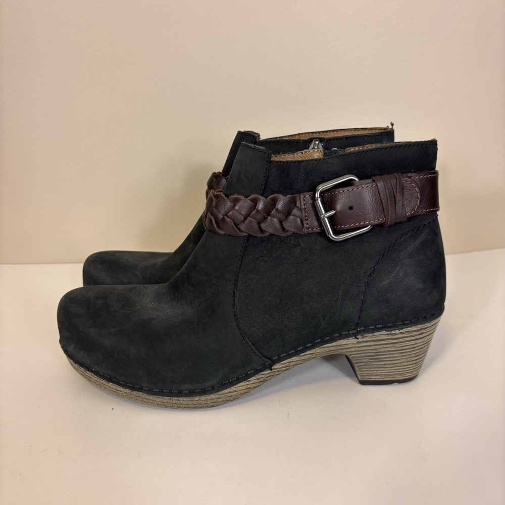 Dansko Women's Black Leather Ankle Booties with Brown Braided Strap 9